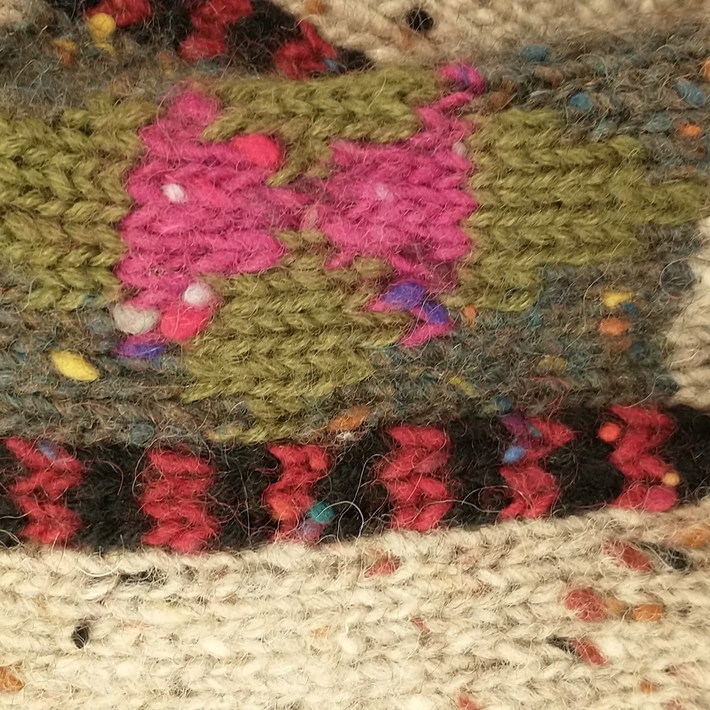 Colorful Handknit Cardigan Sweater Natural Undyed Wool Pockets Bold Pattern SeeM - Picture 7 of 13